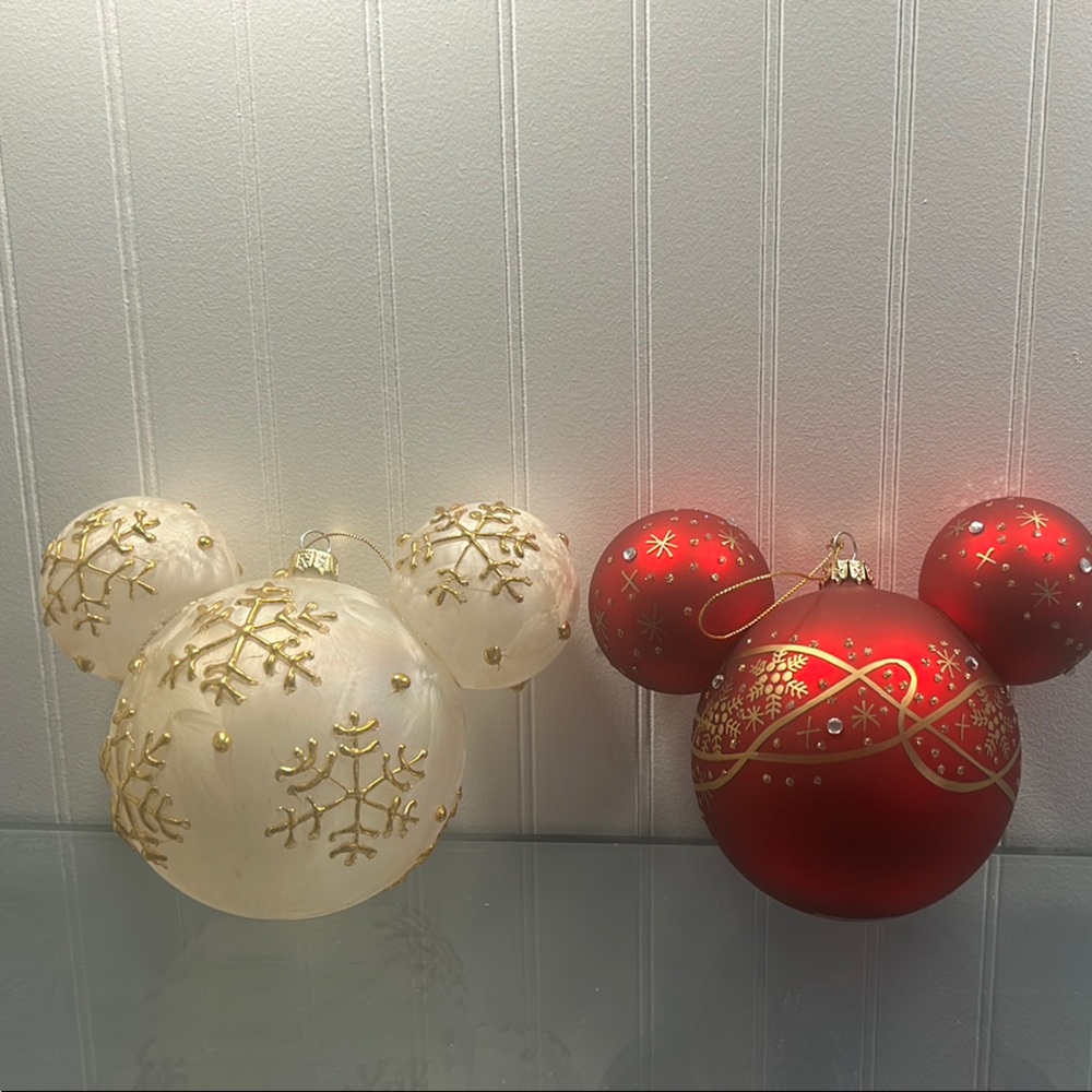 Festive Red and Gold Mickey Mouse Christmas Ornaments